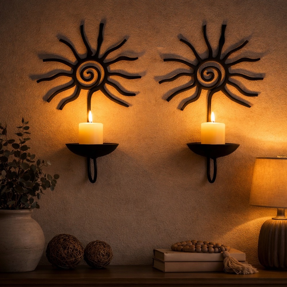 Sunburst Metal Wall Sconce Candle Holder Set - Black. Gorgeous Indoor /Outdoor